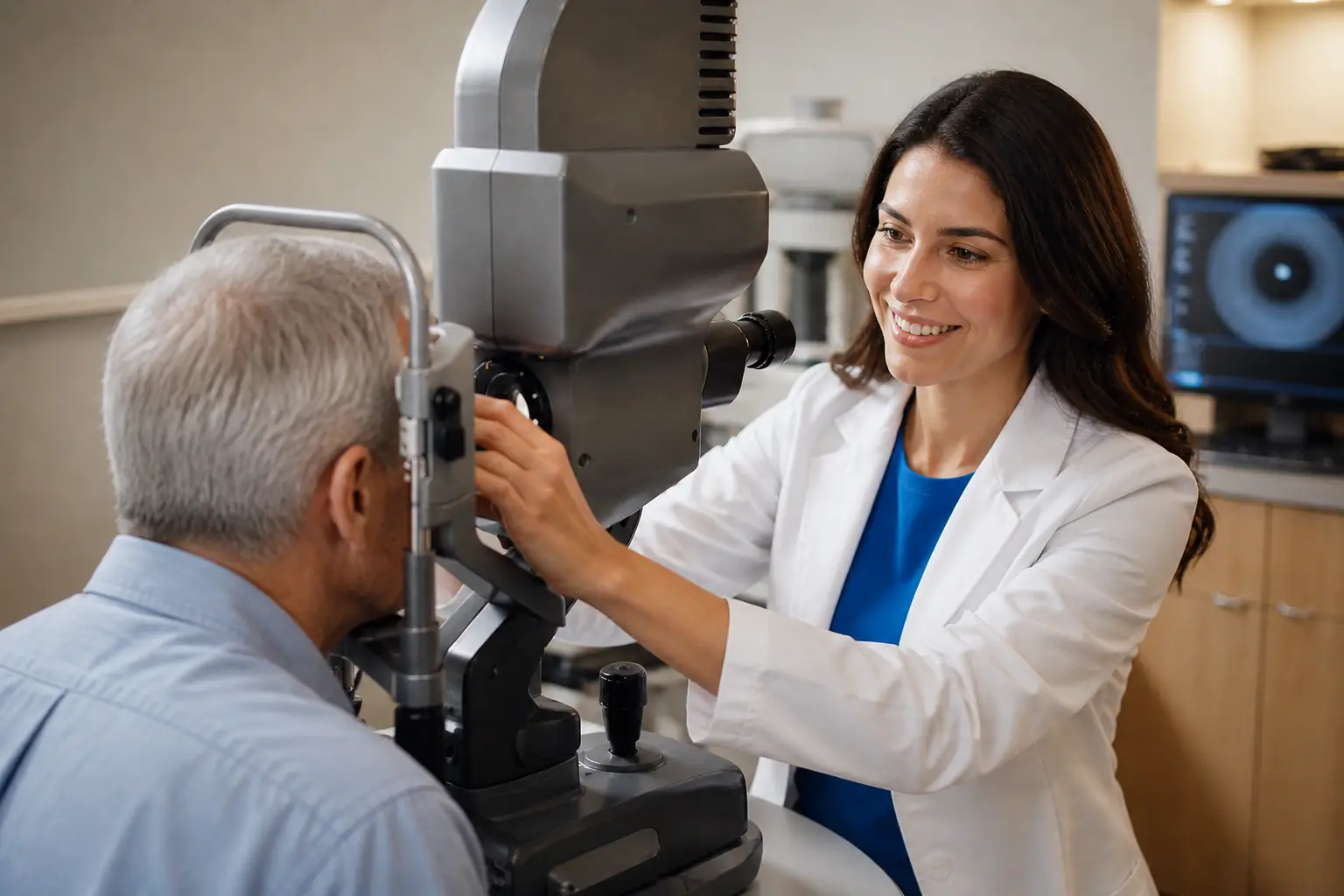 Patient having a dilated eye exam for cataracts at Azure Eye Center in Fort Worth