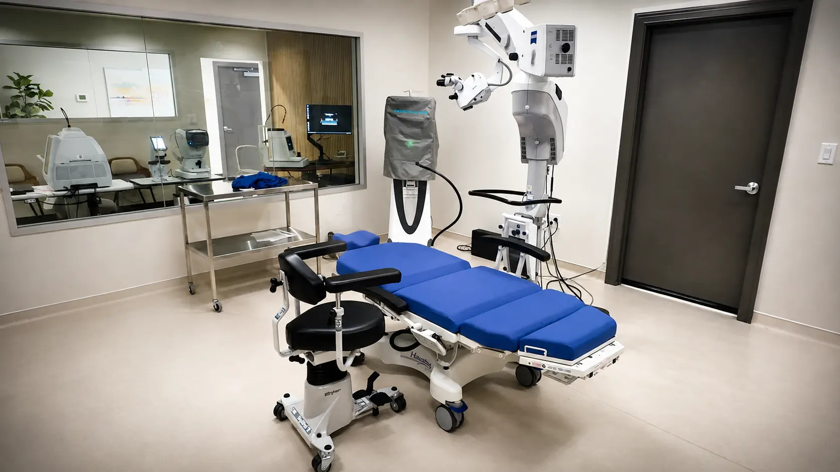 Azure Eye Center in-office surgery suite in Fort Worth, TX, with surgical microscope, monitoring equipment and surgical bed